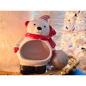 Ceramic Polar Bear Christmas Candy Dish Bowl Red Scarf Holiday Decor